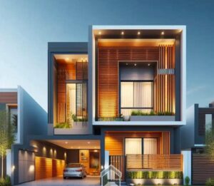 Modern two-story house with warm interior lighting at night.